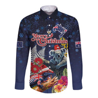 Australia and New Zealand Long Sleeve Button Shirt Merry Christmas-Tuatara and Koala with Plants Xmas Style LT03 Unisex Navy - Polynesian Pride