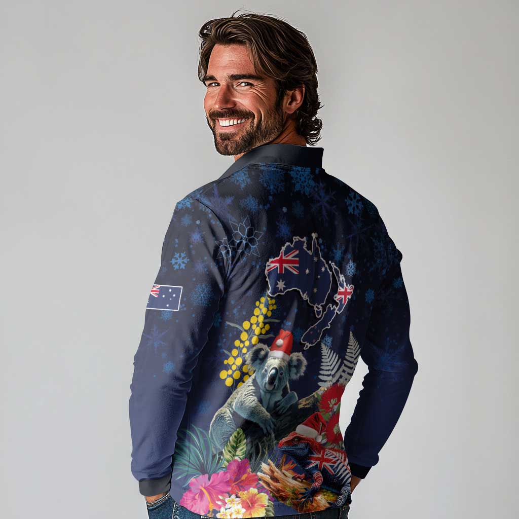 Australia and New Zealand Long Sleeve Polo Shirt Merry Christmas-Tuatara and Koala with Plants Xmas Style LT03 - Polynesian Pride