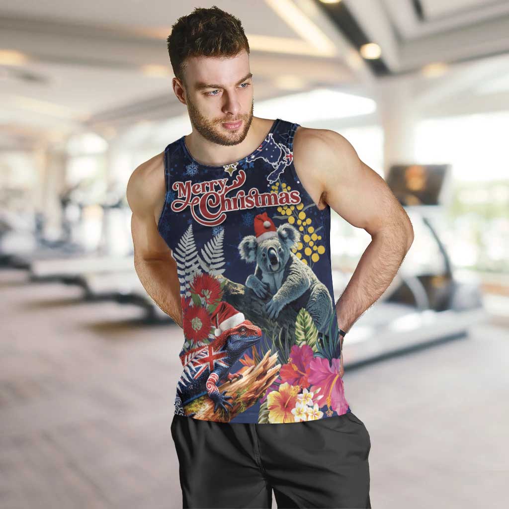 Australia and New Zealand Men Tank Top Merry Christmas-Tuatara and Koala with Plants Xmas Style LT03 Navy - Polynesian Pride