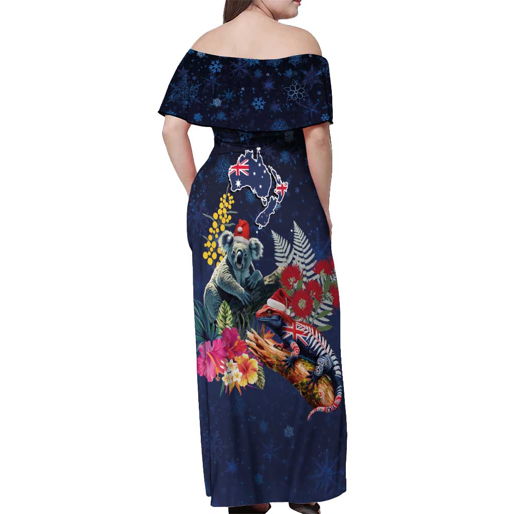 Australia and New Zealand Off Shoulder Maxi Dress Merry Christmas-Tuatara and Koala with Plants Xmas Style LT03 - Polynesian Pride
