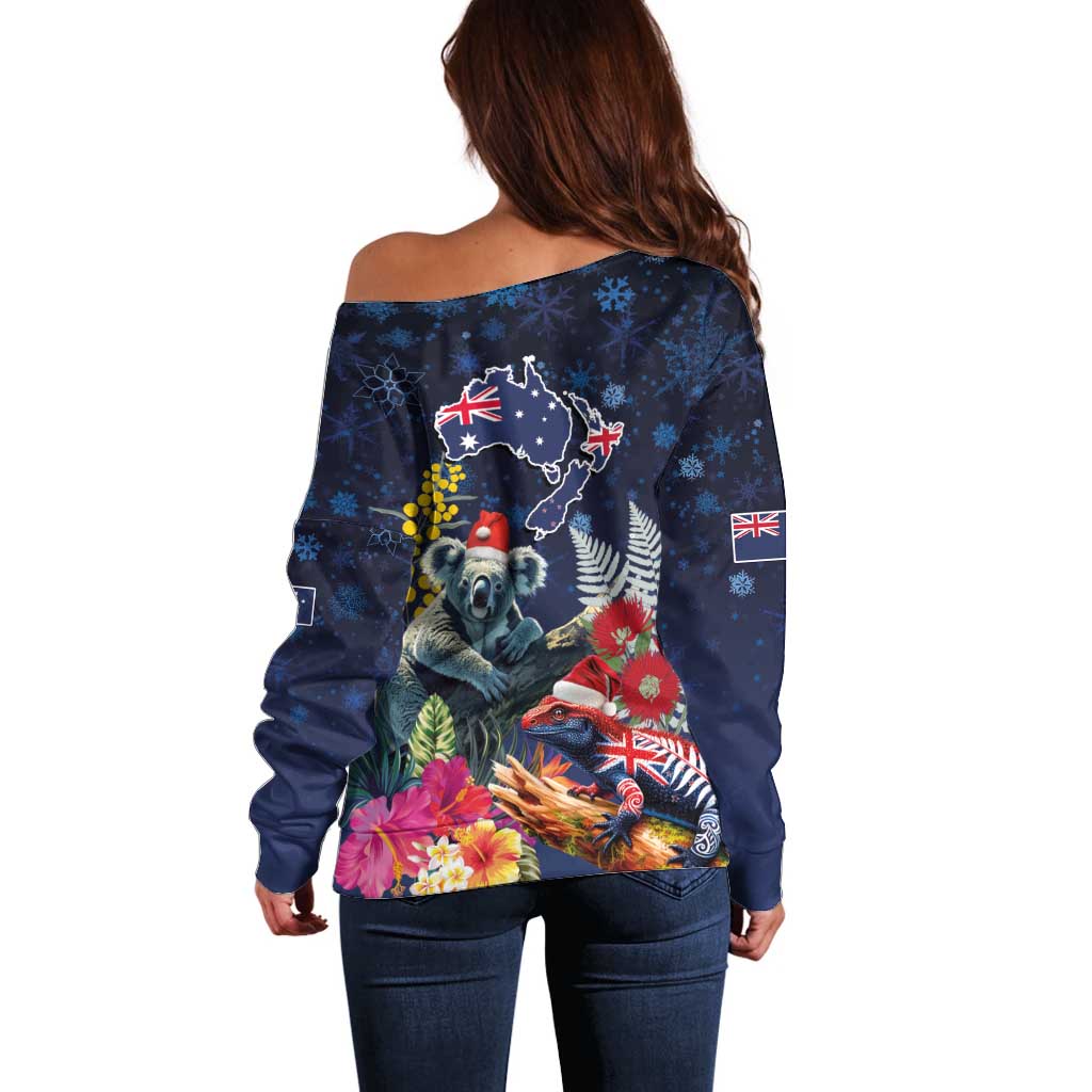 Australia and New Zealand Off Shoulder Sweater Merry Christmas-Tuatara and Koala with Plants Xmas Style LT03 - Polynesian Pride