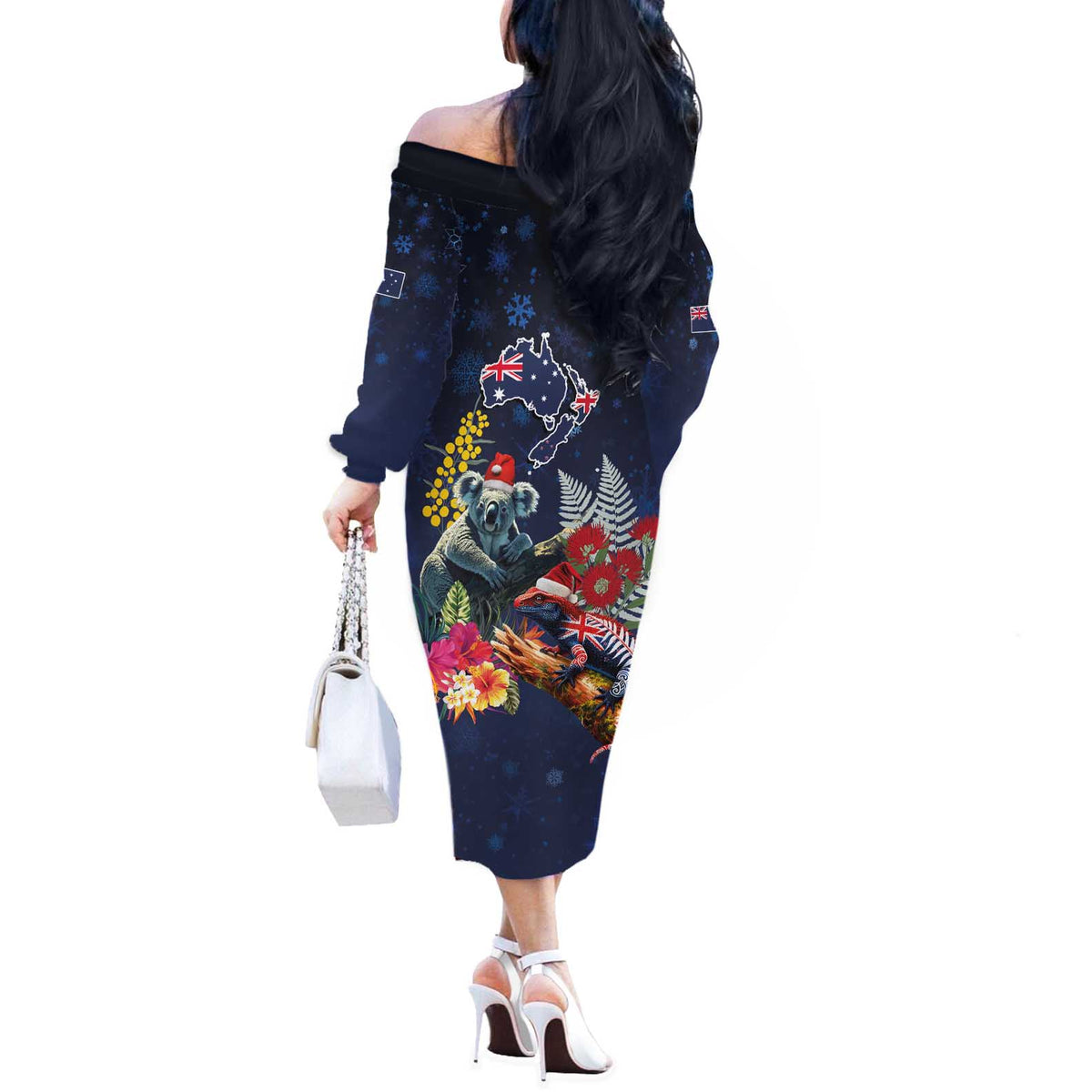 Australia and New Zealand Off The Shoulder Long Sleeve Dress Merry Christmas-Tuatara and Koala with Plants Xmas Style LT03 - Polynesian Pride