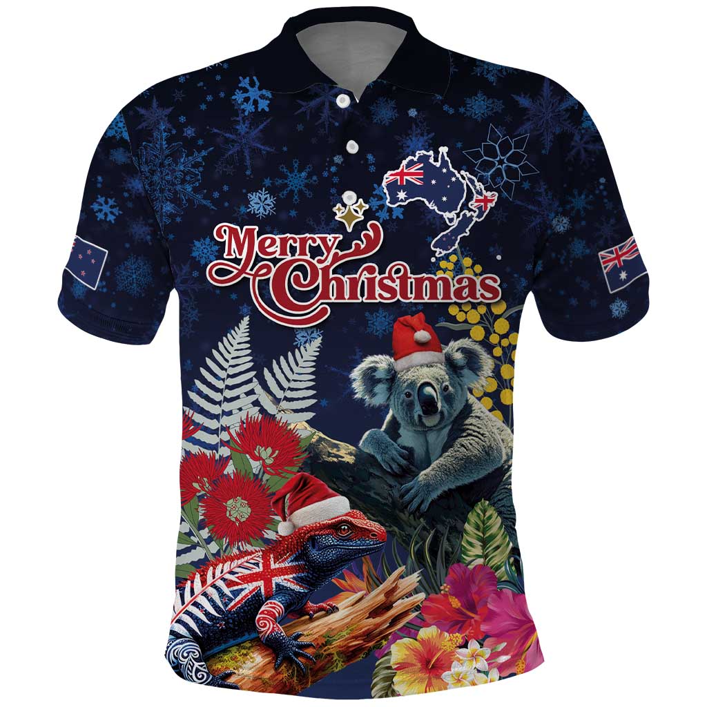 Australia and New Zealand Polo Shirt Merry Christmas-Tuatara and Koala with Plants Xmas Style LT03 Navy - Polynesian Pride