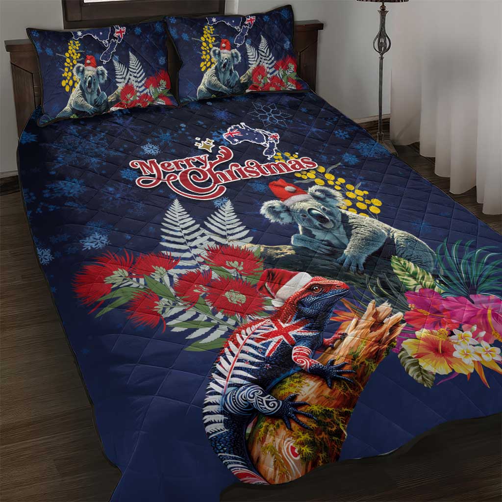 Australia and New Zealand Quilt Bed Set Merry Christmas-Tuatara and Koala with Plants Xmas Style LT03 Navy - Polynesian Pride