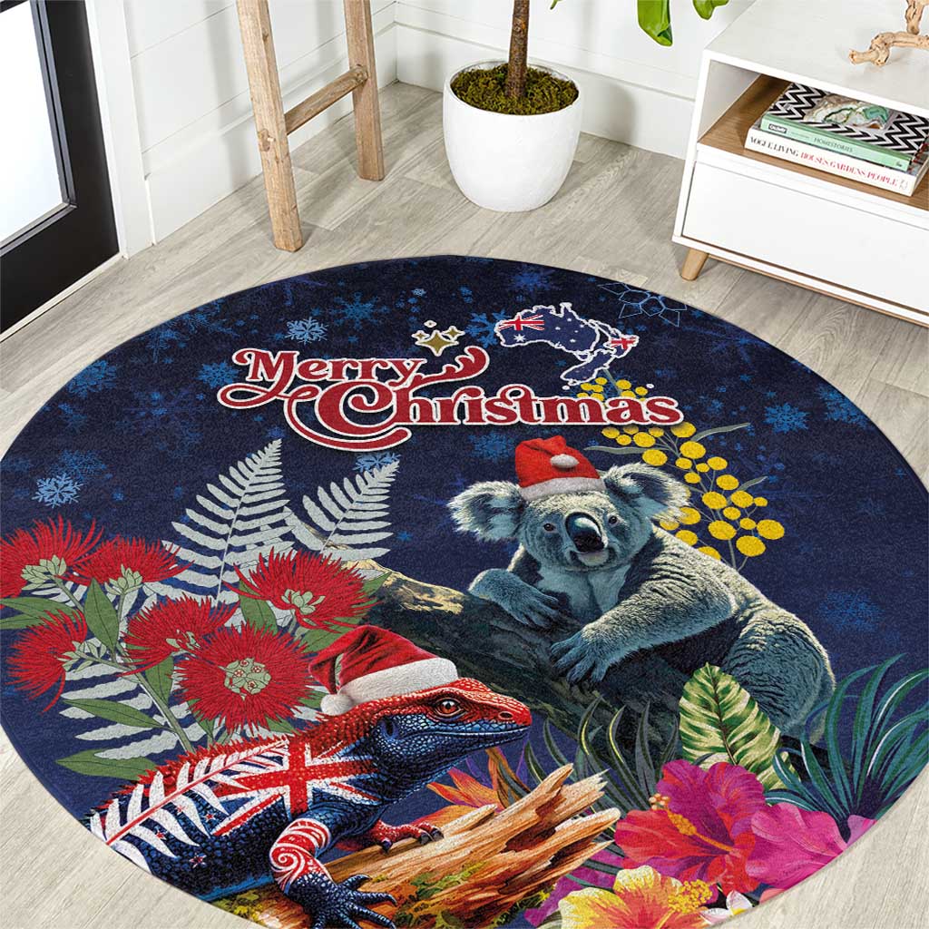 Australia and New Zealand Round Carpet Merry Christmas-Tuatara and Koala with Plants Xmas Style LT03 Navy - Polynesian Pride