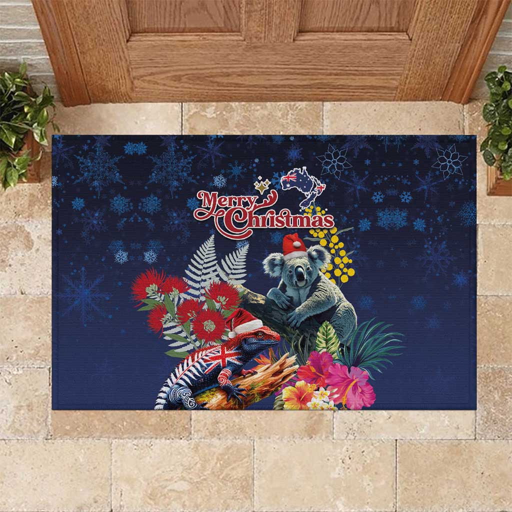 Australia and New Zealand Rubber Doormat Merry Christmas-Tuatara and Koala with Plants Xmas Style LT03 Navy - Polynesian Pride