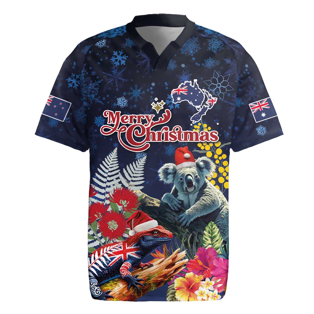 Australia and New Zealand Rugby Jersey Merry Christmas-Tuatara and Koala with Plants Xmas Style LT03 Navy - Polynesian Pride
