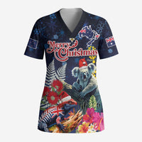 Australia and New Zealand Scrub Top Merry Christmas-Tuatara and Koala with Plants Xmas Style LT03 Adult Navy - Polynesian Pride