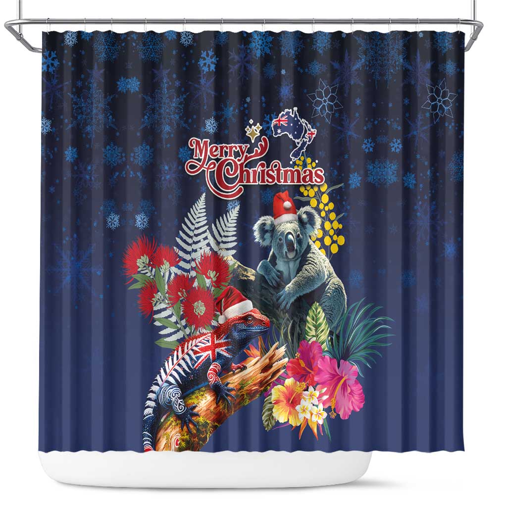 Australia and New Zealand Shower Curtain Merry Christmas-Tuatara and Koala with Plants Xmas Style LT03 Navy - Polynesian Pride