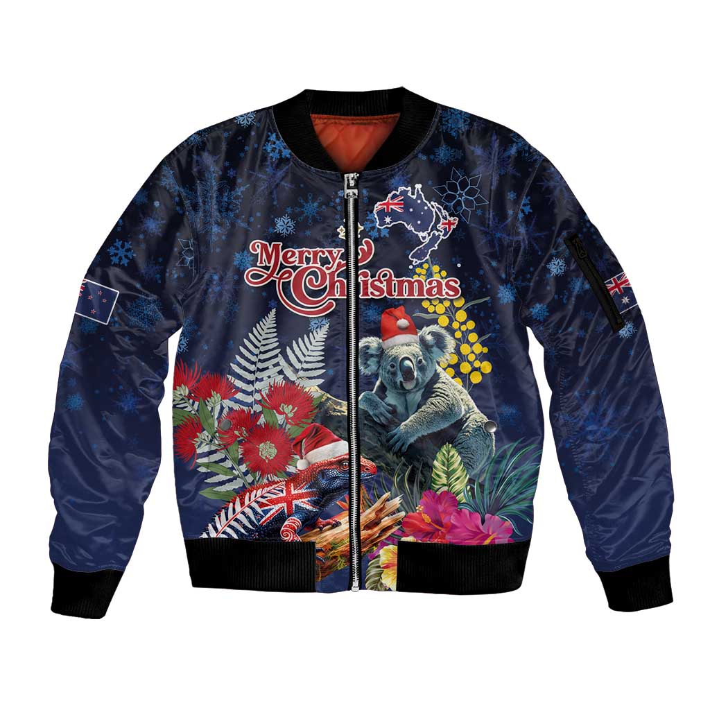 Australia and New Zealand Sleeve Zip Bomber Jacket Merry Christmas-Tuatara and Koala with Plants Xmas Style LT03 Unisex Navy - Polynesian Pride