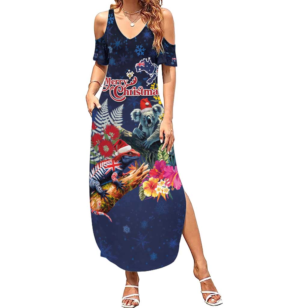 Australia and New Zealand Summer Maxi Dress Merry Christmas-Tuatara and Koala with Plants Xmas Style LT03 Women Navy - Polynesian Pride