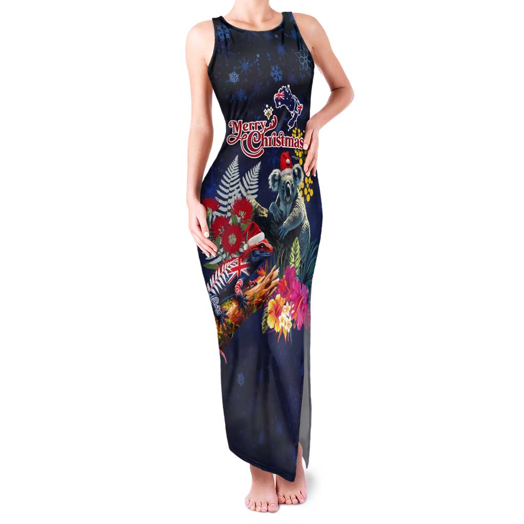 Australia and New Zealand Tank Maxi Dress Merry Christmas-Tuatara and Koala with Plants Xmas Style LT03 Women Navy - Polynesian Pride
