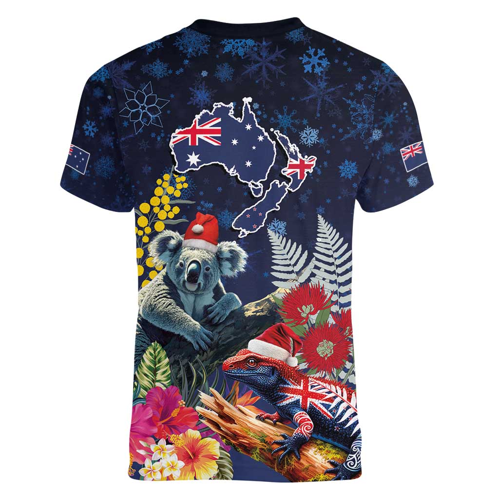 Australia and New Zealand Women V-Neck T-Shirt Merry Christmas-Tuatara and Koala with Plants Xmas Style LT03 - Polynesian Pride