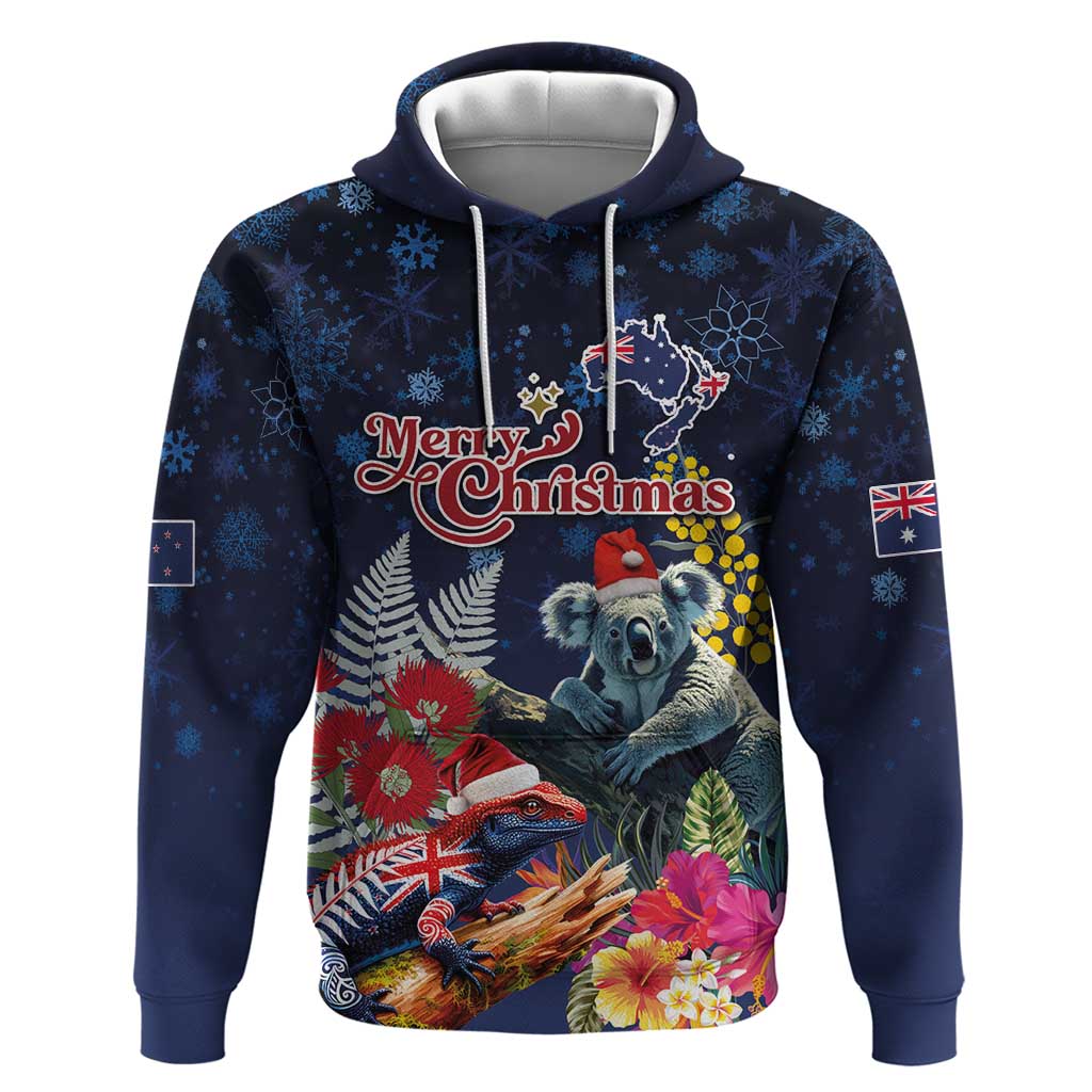 Australia and New Zealand Zip Hoodie Merry Christmas-Tuatara and Koala with Plants Xmas Style LT03 Pullover Hoodie Navy - Polynesian Pride