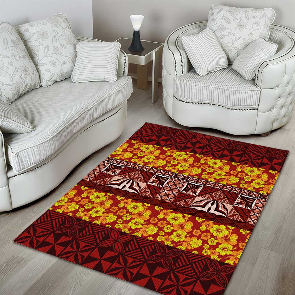 Samoa Siapo and Tapa Area Rug Pacific Tribal Pattern with Hibiscus Striped Style