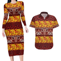 Samoa Siapo and Tapa Couples Matching Long Sleeve Bodycon Dress and Hawaiian Shirt Pacific Tribal Pattern with Hibiscus Striped Style LT03 Red - Polynesian Pride