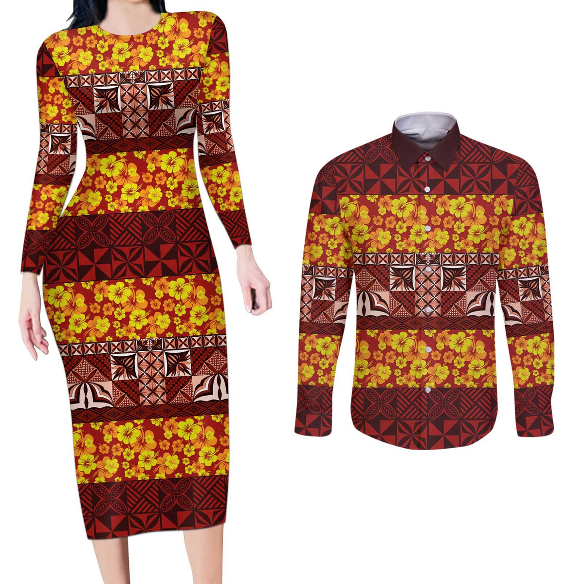 Samoa Siapo and Tapa Couples Matching Long Sleeve Bodycon Dress and Long Sleeve Button Shirt Pacific Tribal Pattern with Hibiscus Striped Style LT03 Red - Polynesian Pride