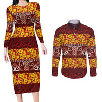 Samoa Siapo and Tapa Couples Matching Long Sleeve Bodycon Dress and Long Sleeve Button Shirt Pacific Tribal Pattern with Hibiscus Striped Style LT03 Red - Polynesian Pride