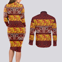 Samoa Siapo and Tapa Couples Matching Long Sleeve Bodycon Dress and Long Sleeve Button Shirt Pacific Tribal Pattern with Hibiscus Striped Style LT03 - Polynesian Pride