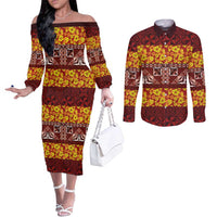 Samoa Siapo and Tapa Couples Matching Off The Shoulder Long Sleeve Dress and Long Sleeve Button Shirt Pacific Tribal Pattern with Hibiscus Striped Style LT03 Red - Polynesian Pride