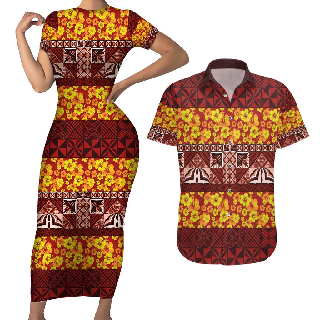 Samoa Siapo and Tapa Couples Matching Short Sleeve Bodycon Dress and Hawaiian Shirt Pacific Tribal Pattern with Hibiscus Striped Style LT03 Red - Polynesian Pride