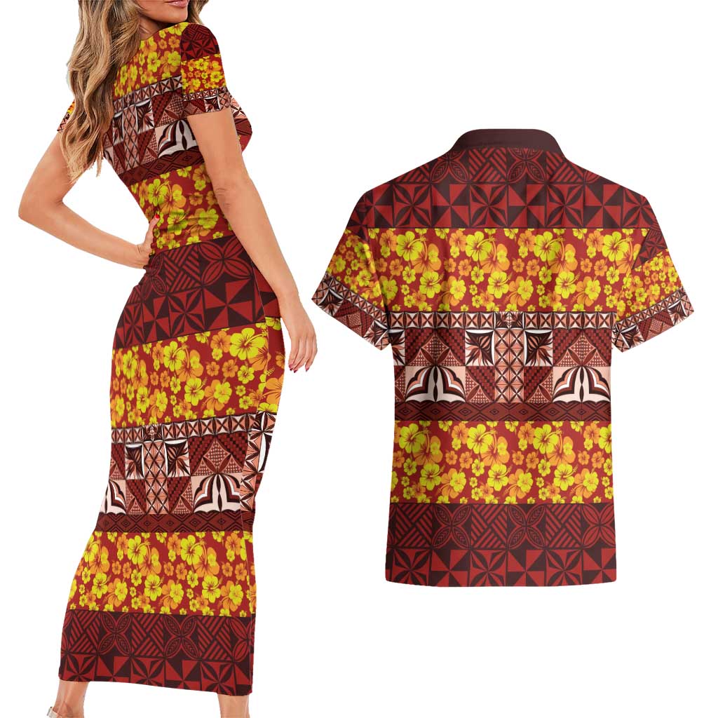 Samoa Siapo and Tapa Couples Matching Short Sleeve Bodycon Dress and Hawaiian Shirt Pacific Tribal Pattern with Hibiscus Striped Style LT03 - Polynesian Pride