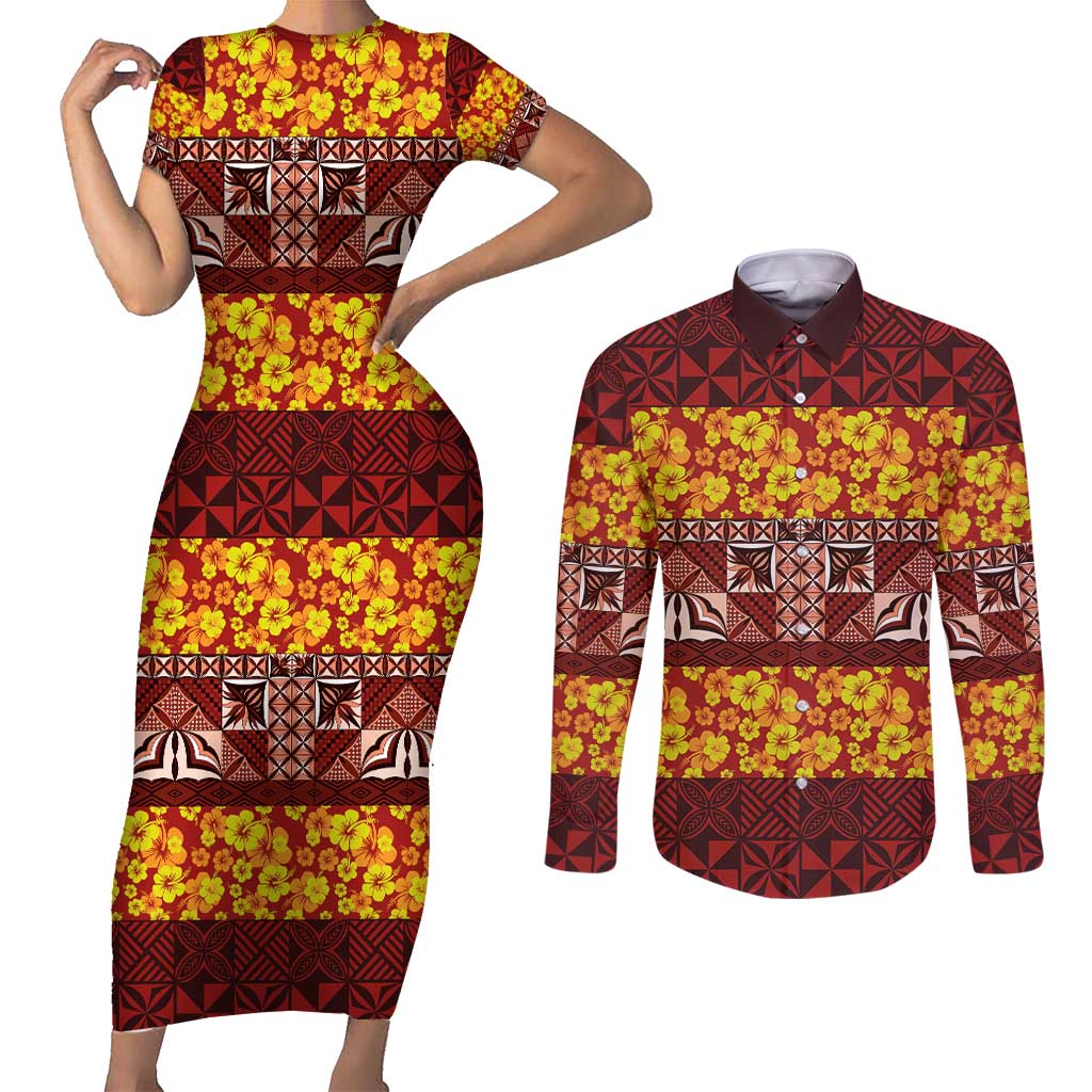 Samoa Siapo and Tapa Couples Matching Short Sleeve Bodycon Dress and Long Sleeve Button Shirt Pacific Tribal Pattern with Hibiscus Striped Style LT03 Red - Polynesian Pride