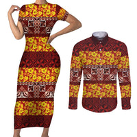 Samoa Siapo and Tapa Couples Matching Short Sleeve Bodycon Dress and Long Sleeve Button Shirt Pacific Tribal Pattern with Hibiscus Striped Style LT03 Red - Polynesian Pride