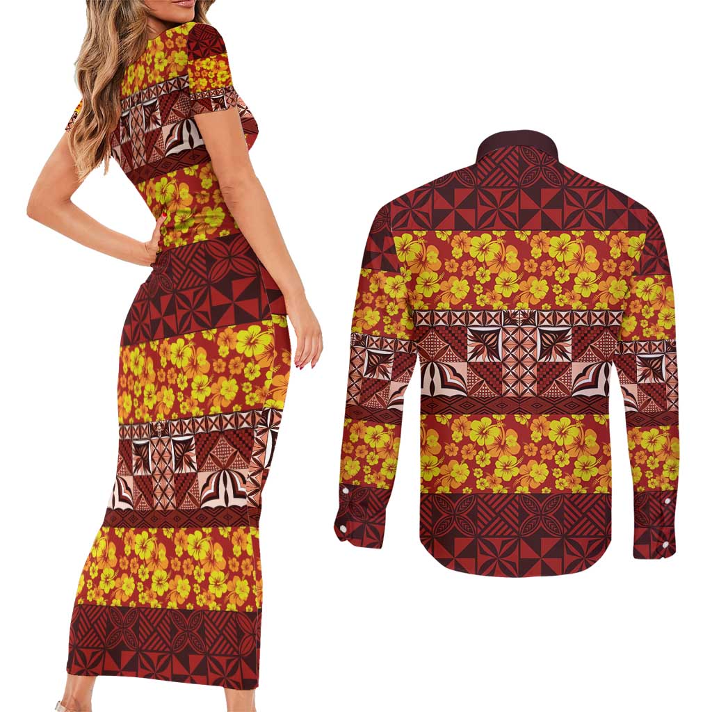 Samoa Siapo and Tapa Couples Matching Short Sleeve Bodycon Dress and Long Sleeve Button Shirt Pacific Tribal Pattern with Hibiscus Striped Style LT03 - Polynesian Pride