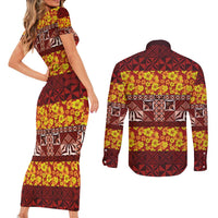 Samoa Siapo and Tapa Couples Matching Short Sleeve Bodycon Dress and Long Sleeve Button Shirt Pacific Tribal Pattern with Hibiscus Striped Style LT03 - Polynesian Pride