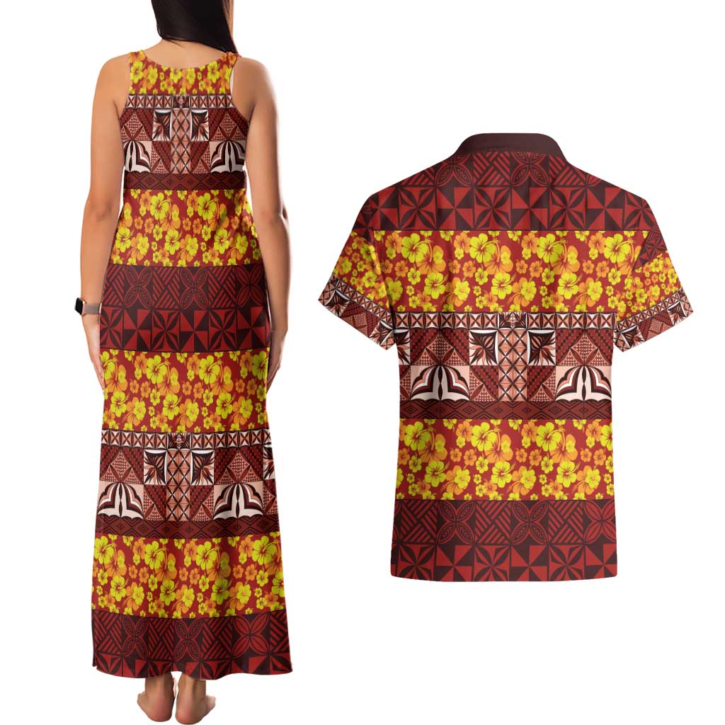 Samoa Siapo and Tapa Couples Matching Tank Maxi Dress and Hawaiian Shirt Pacific Tribal Pattern with Hibiscus Striped Style LT03 - Polynesian Pride