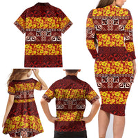 Samoa Siapo and Tapa Family Matching Long Sleeve Bodycon Dress and Hawaiian Shirt Pacific Tribal Pattern with Hibiscus Striped Style LT03 - Polynesian Pride