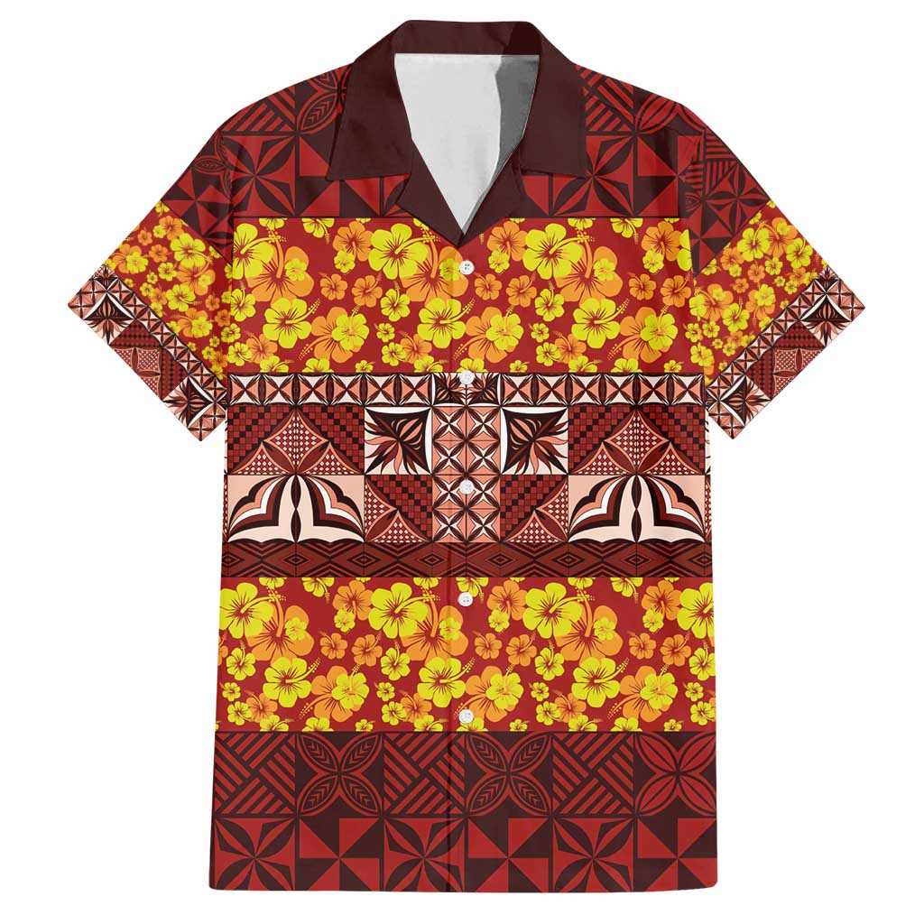 Samoa Siapo and Tapa Family Matching Long Sleeve Bodycon Dress and Hawaiian Shirt Pacific Tribal Pattern with Hibiscus Striped Style LT03 Dad's Shirt - Short Sleeve Red - Polynesian Pride