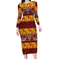Samoa Siapo and Tapa Family Matching Long Sleeve Bodycon Dress and Hawaiian Shirt Pacific Tribal Pattern with Hibiscus Striped Style LT03 Mom's Dress Red - Polynesian Pride