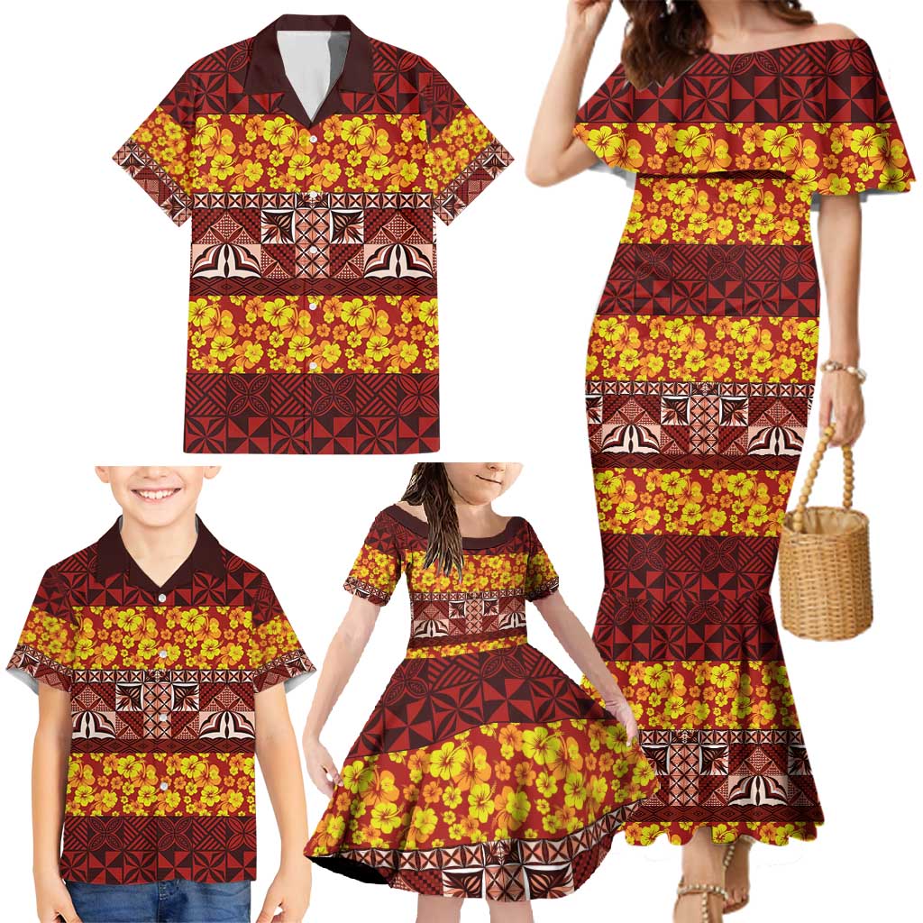 Samoa Siapo and Tapa Family Matching Mermaid Dress and Hawaiian Shirt Pacific Tribal Pattern with Hibiscus Striped Style LT03 - Polynesian Pride