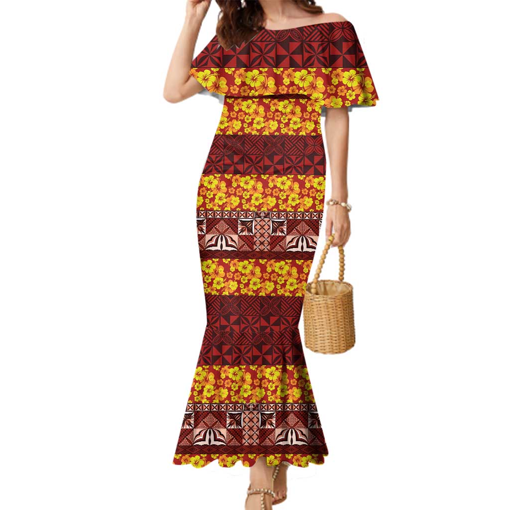 Samoa Siapo and Tapa Family Matching Mermaid Dress and Hawaiian Shirt Pacific Tribal Pattern with Hibiscus Striped Style LT03 Mom's Dress Red - Polynesian Pride