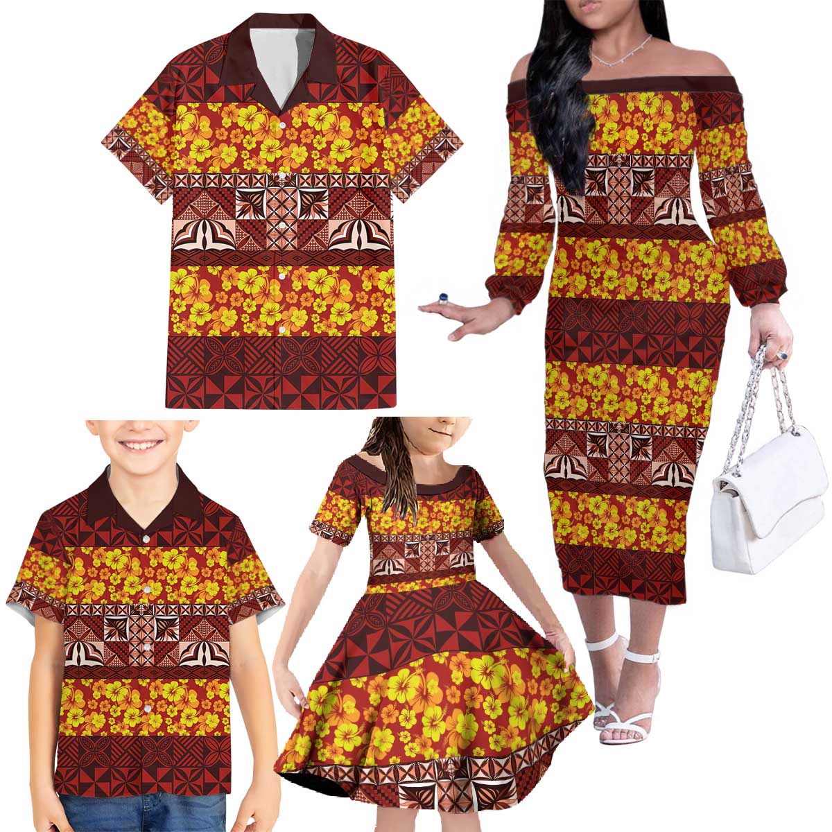 Samoa Siapo and Tapa Family Matching Off The Shoulder Long Sleeve Dress and Hawaiian Shirt Pacific Tribal Pattern with Hibiscus Striped Style LT03 - Polynesian Pride