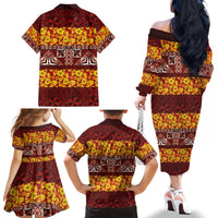Samoa Siapo and Tapa Family Matching Off The Shoulder Long Sleeve Dress and Hawaiian Shirt Pacific Tribal Pattern with Hibiscus Striped Style LT03 - Polynesian Pride