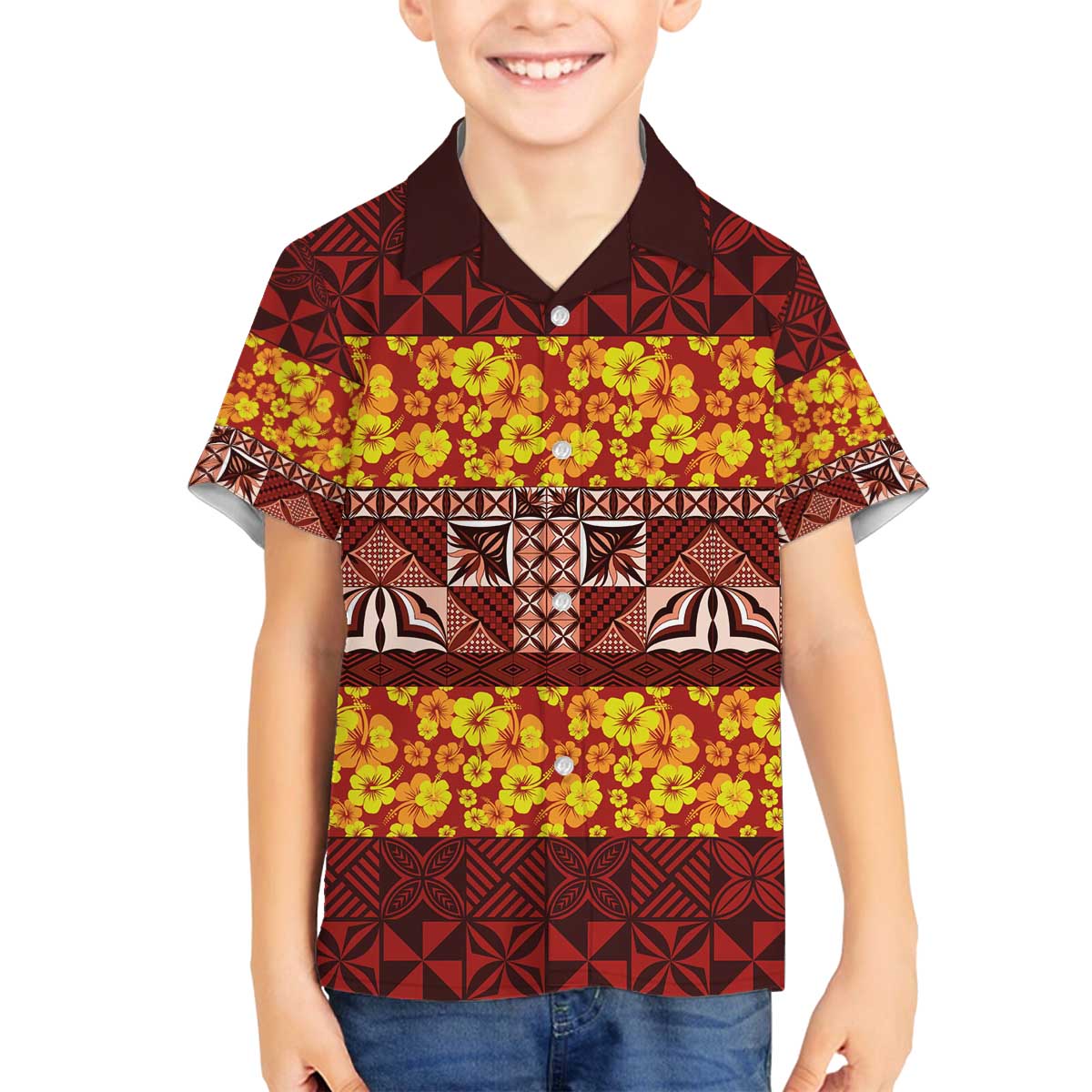 Samoa Siapo and Tapa Family Matching Off The Shoulder Long Sleeve Dress and Hawaiian Shirt Pacific Tribal Pattern with Hibiscus Striped Style LT03 Son's Shirt Red - Polynesian Pride