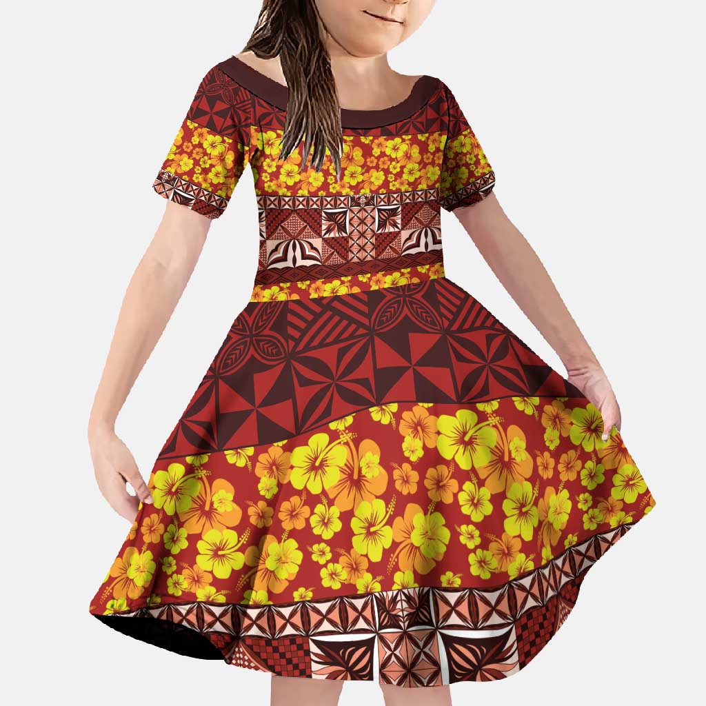 Samoa Siapo and Tapa Family Matching Off Shoulder Maxi Dress and Hawaiian Shirt Pacific Tribal Pattern with Hibiscus Striped Style LT03 Daughter's Dress Red - Polynesian Pride