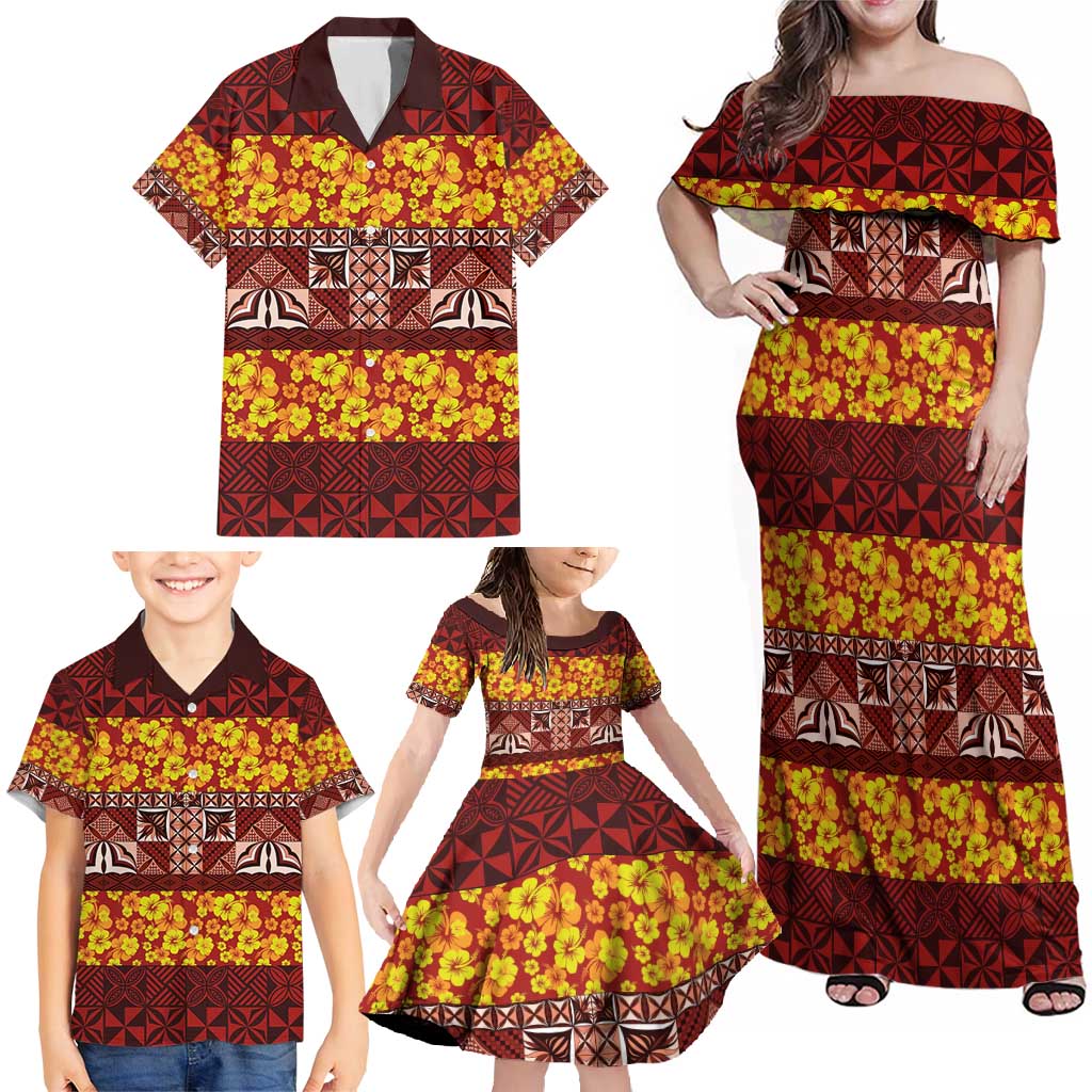 Samoa Siapo and Tapa Family Matching Off Shoulder Maxi Dress and Hawaiian Shirt Pacific Tribal Pattern with Hibiscus Striped Style LT03 - Polynesian Pride