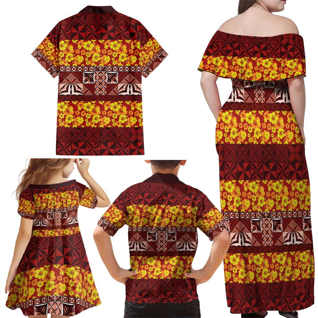 Samoa Siapo and Tapa Family Matching Off Shoulder Maxi Dress and Hawaiian Shirt Pacific Tribal Pattern with Hibiscus Striped Style LT03 - Polynesian Pride