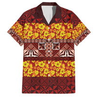 Samoa Siapo and Tapa Family Matching Off Shoulder Maxi Dress and Hawaiian Shirt Pacific Tribal Pattern with Hibiscus Striped Style LT03 Dad's Shirt - Short Sleeve Red - Polynesian Pride