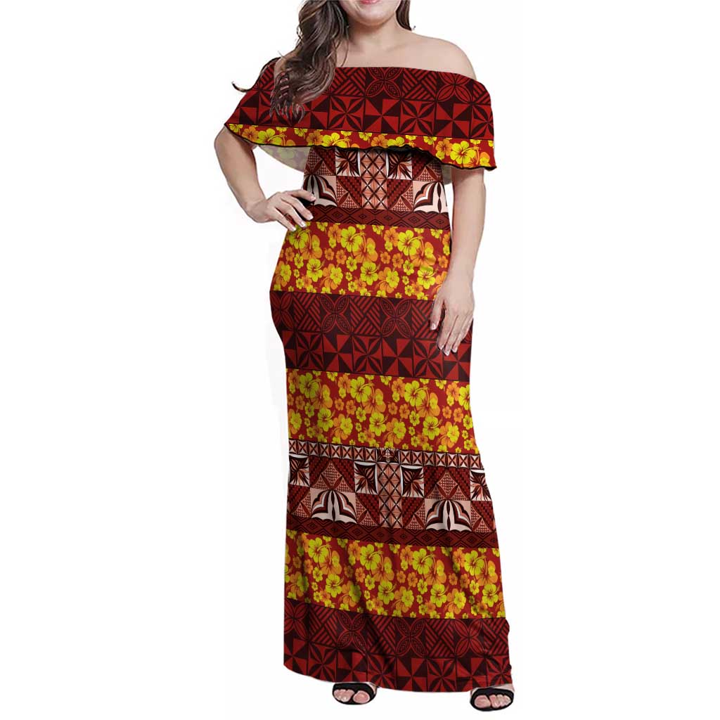 Samoa Siapo and Tapa Family Matching Off Shoulder Maxi Dress and Hawaiian Shirt Pacific Tribal Pattern with Hibiscus Striped Style LT03 Mom's Dress Red - Polynesian Pride
