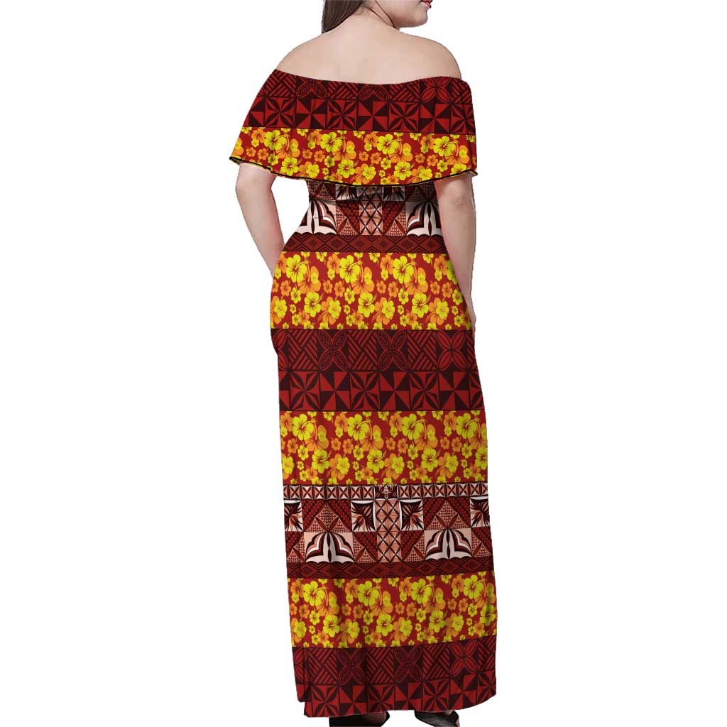 Samoa Siapo and Tapa Family Matching Off Shoulder Maxi Dress and Hawaiian Shirt Pacific Tribal Pattern with Hibiscus Striped Style LT03 - Polynesian Pride