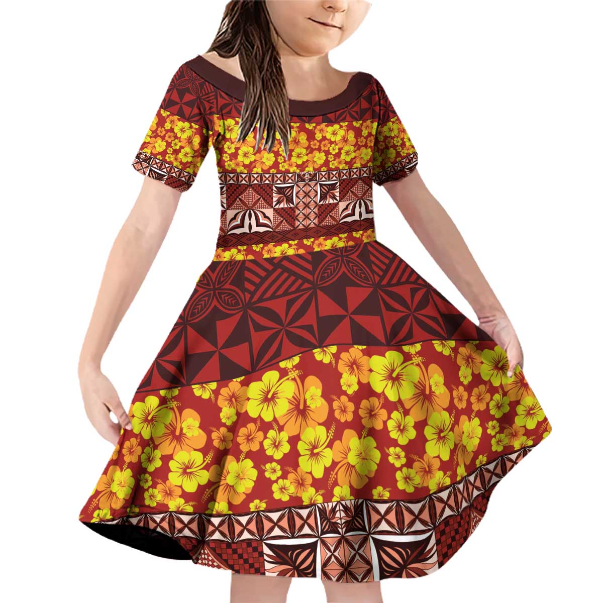 Samoa Siapo and Tapa Family Matching Off Shoulder Short Dress and Hawaiian Shirt Pacific Tribal Pattern with Hibiscus Striped Style LT03 Daughter's Dress Red - Polynesian Pride