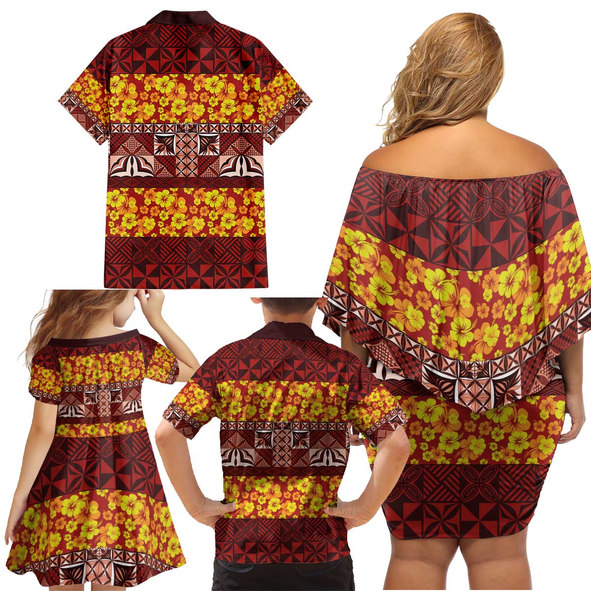 Samoa Siapo and Tapa Family Matching Off Shoulder Short Dress and Hawaiian Shirt Pacific Tribal Pattern with Hibiscus Striped Style LT03 - Polynesian Pride