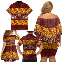 Samoa Siapo and Tapa Family Matching Off Shoulder Short Dress and Hawaiian Shirt Pacific Tribal Pattern with Hibiscus Striped Style LT03 - Polynesian Pride