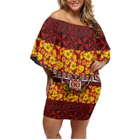Samoa Siapo and Tapa Family Matching Off Shoulder Short Dress and Hawaiian Shirt Pacific Tribal Pattern with Hibiscus Striped Style LT03 Mom's Dress Red - Polynesian Pride