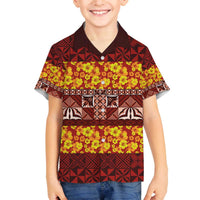 Samoa Siapo and Tapa Family Matching Off Shoulder Short Dress and Hawaiian Shirt Pacific Tribal Pattern with Hibiscus Striped Style LT03 Son's Shirt Red - Polynesian Pride